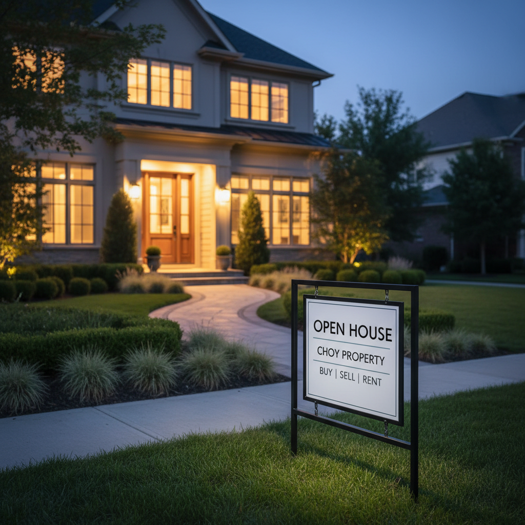An evening exterior shot of a stylish suburban house with a neatly landscaped front yard, low hedges, and a stone pathway leading to a warmly lit front door. A refined, professionally designed yard sign near the sidewalk reads “Open House – Choy Property | Buy Sell Rent” in a clean, modern style. The sky is in deep blue twilight, with warm interior lights glowing softly through the windows, contrasting against the cool dusk tones. Photographic realism from a slightly low, three-quarter street view angle, capturing both the sign and the house façade. Subtle bokeh in the background enhances focus on the sign and entryway. The mood is welcoming and professional, evoking anticipation for a successful viewing.
