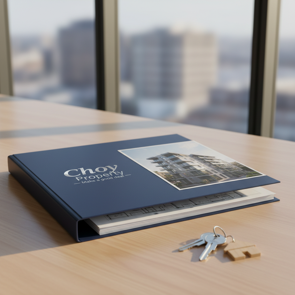 A polished, light-wood office desk neatly arranged with a thick, navy-blue property portfolio folder embossed in silver with the logo “Choy Property – Make a good deal.” The folder is slightly open to reveal crisp floor plans and a glossy photo of a modern apartment building. A sleek metal key set with a small wooden house-shaped keyring rests beside it. The scene is set in a bright, minimalist office with large floor-to-ceiling windows revealing an abstract blur of city buildings. Soft afternoon daylight pours in, creating clean, natural highlights and gentle shadows. Photographic realism at eye level, with a shallow depth of field that keeps the documents and keys in sharp focus while the background softly fades, conveying professionalism, trust, and clarity.