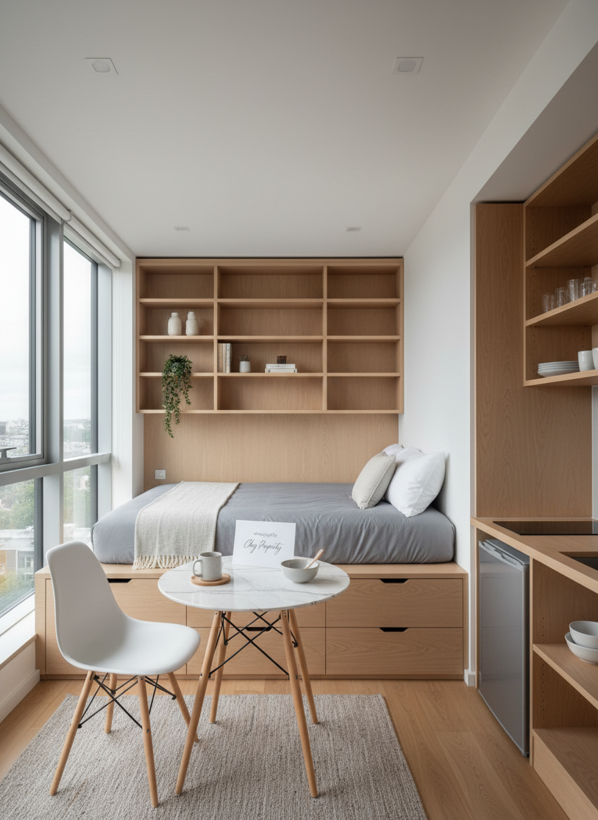 A detailed interior shot of a compact city rental studio, skillfully arranged to maximize space. A built-in light wood platform bed with integrated storage drawers, a small round dining table with two minimalist chairs, and a wall-mounted shelving unit with discrete decorative objects create a cohesive, functional layout. A small, framed card on the table reads “Managed by Choy Property” in fine lettering. Large windows on one side let in diffused overcast daylight, brightening the space without harsh shadows. Photographic realism at eye level with a slightly wide angle to show the entire room, maintaining straight vertical lines. The atmosphere is efficient, cozy, and modern, ideal for advertising smart rental solutions in an urban market.