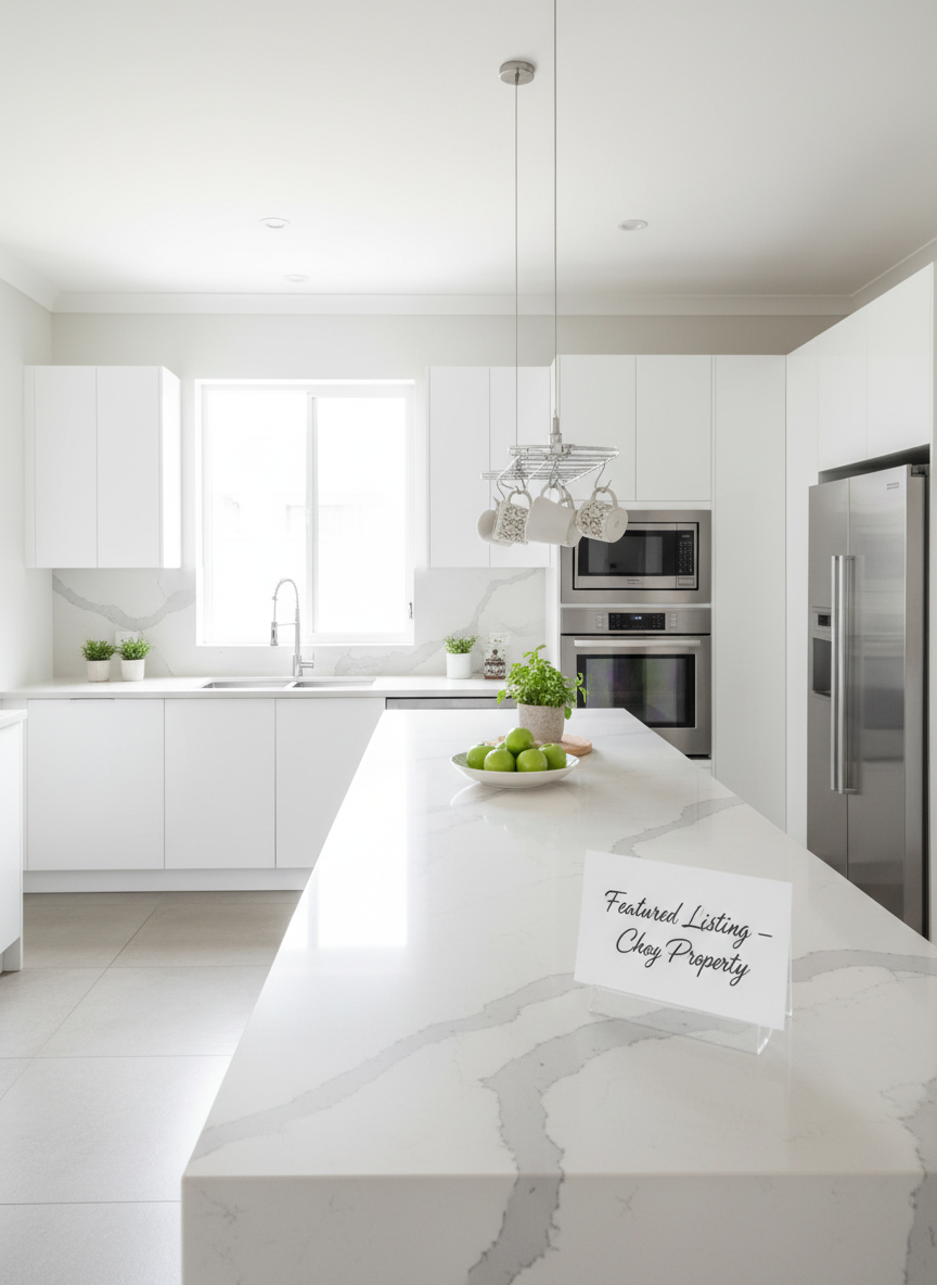 A bright, open-plan kitchen of a modern family home, captured as a prime listing photo. Smooth white cabinetry with matte black handles, a large quartz island countertop with faint gray veining, and built-in stainless-steel appliances form the core. On the island, a small, understated acrylic stand holds a card that reads “Featured Listing – Choy Property” in refined typography. Soft midday natural light streams through a large window above the sink, illuminating the room evenly and making the quartz surface subtly glisten. Photographic realism, eye-level composition using a wide lens to show the full kitchen, with clean lines and minimal clutter. The mood is fresh, inviting, and aspirational, perfect for showcasing high-quality properties for sale.