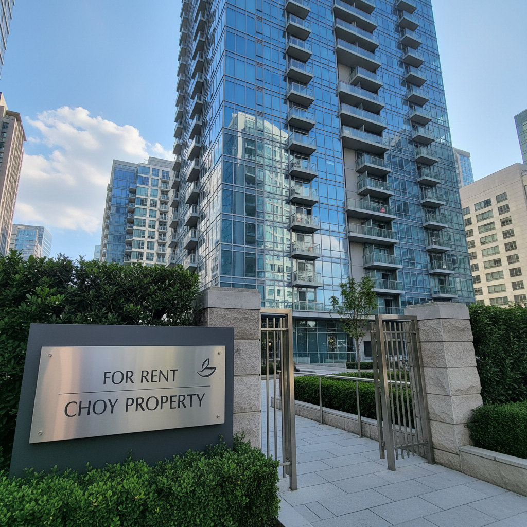 A sleek, high-rise condominium exterior captured from a mid-distance street-level view, its glass façade reflecting a clear blue sky and neighboring buildings. A clean, modern “For Rent – Choy Property” sign is mounted near the entrance gate, featuring understated typography and a small logo. The building’s entrance area has neatly trimmed hedges, a stone-paved walkway, and stainless-steel railings. Late-morning natural daylight provides crisp, even lighting, giving the glass panels a subtle sheen and casting precise shadows from the balconies. Photographic realism with a slightly low-angle perspective to emphasize height and prestige, and a balanced composition that keeps the sign legible while showcasing the property’s scale. The mood is professional and aspirational, ideal for promoting quality rental listings.