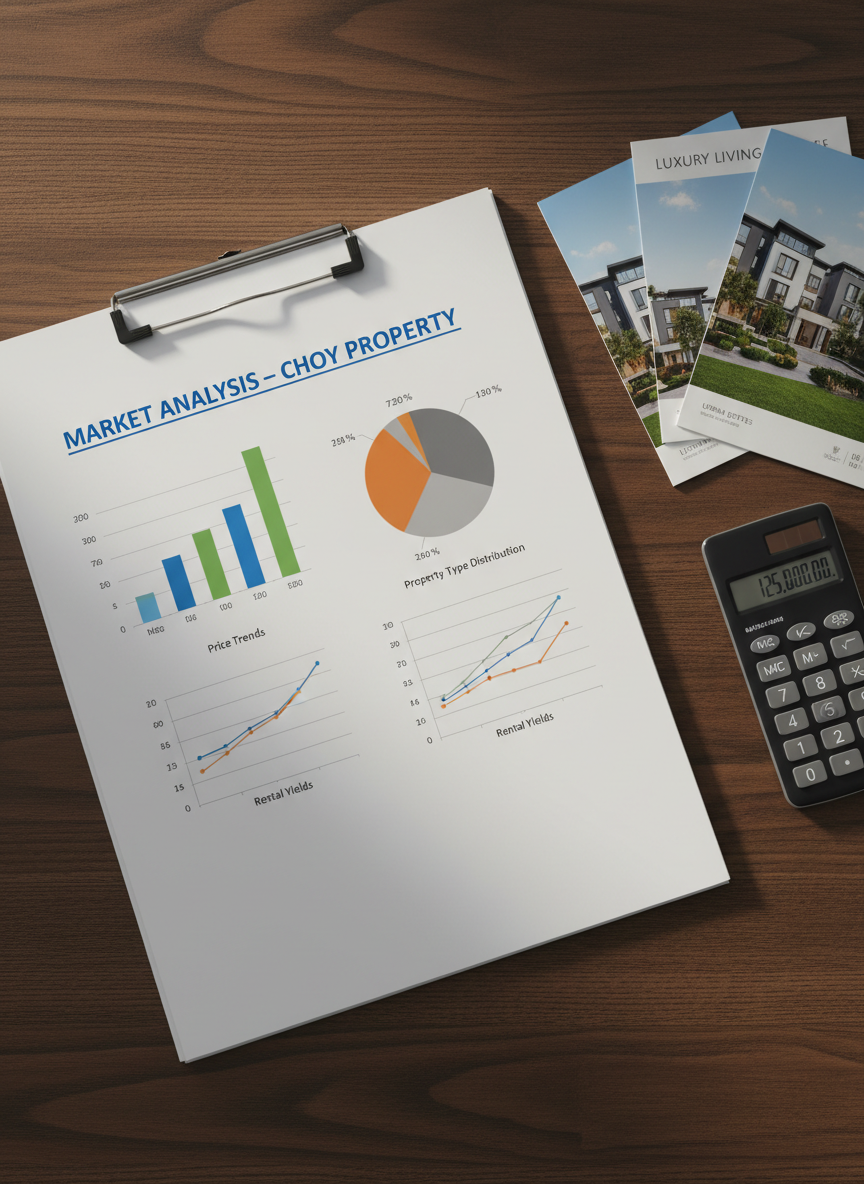 A close-up of a detailed property valuation report lying on a dark walnut table, featuring printed bar charts, pie charts, and a clear summary heading titled “Market Analysis – Choy Property.” The pages are crisp and slightly curved, with a silver metal clip holding them together. Next to the report, a slim black calculator and a small stack of glossy property brochures fan out, showing fragments of floor plans and exterior photos. Warm overhead office lighting creates controlled, soft shadows and subtle highlights on the paper and wooden grain. Photographic realism with a top-down, flat-lay composition and sharp focus across the entire frame. The atmosphere is precise and methodical, suggesting careful evaluation and professional guidance in every real estate deal.