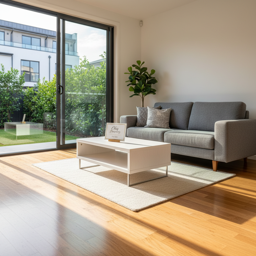 A sunlit living room staged for sale, featuring a contemporary gray fabric sofa with crisp edges, a low white oak coffee table, and a single, carefully placed "For Sale" tabletop sign branded with “Choy Property” in discreet, elegant lettering. Outside a large sliding glass door, a manicured garden and modern townhouse façade are gently blurred. Golden hour natural light streams through the glass, creating warm reflections on the hardwood floor and subtle shadows behind the furniture. Photographic realism, shot from a slightly elevated corner angle to show space and layout, with sharp focus throughout. The atmosphere is welcoming, organized, and aspirational, evoking the feeling of a perfectly prepared home ready for discerning buyers.