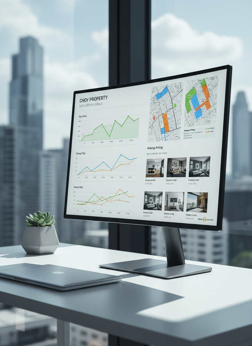 A tidy workstation displaying a large, ultra-thin monitor with a detailed real estate dashboard: color-coded price graphs, neighborhood maps with highlighted zones, and small thumbnail images of apartments. The monitor sits on a matte white desk alongside a closed silver laptop and a small, geometric concrete planter with a green succulent. Behind, a blurred city skyline is visible through a panoramic window, suggesting a high-floor office. Cool, diffused daylight fills the space, creating soft reflections on the screen and gentle shadows under the devices. Photographic realism, captured from a three-quarter angle at desk height, with the dashboard content in sharp focus. The mood is analytical, efficient, and trustworthy, representing Choy Property’s data-driven approach to helping clients make a good deal.